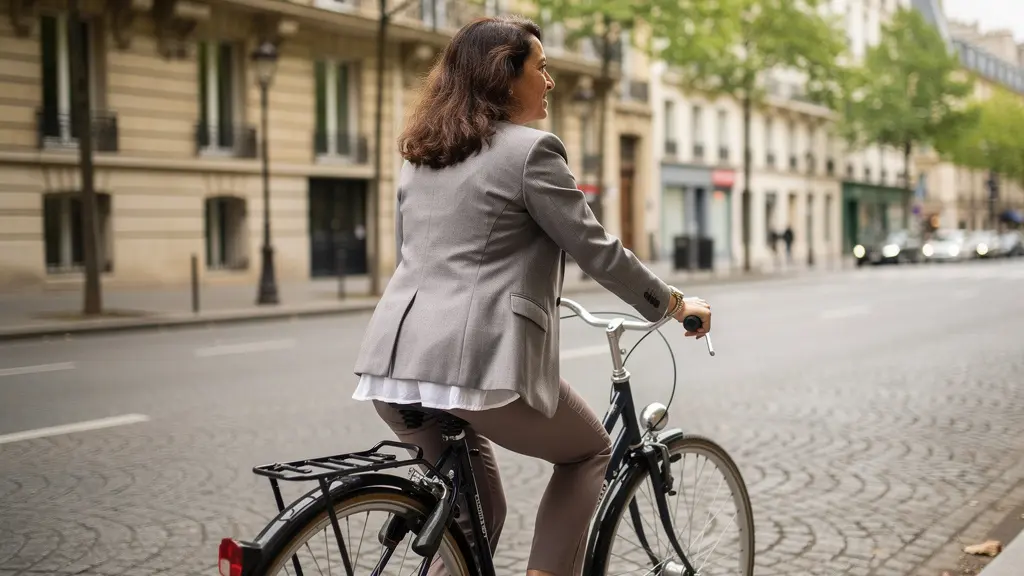 Cycliste sur vélo de ville hollandais dans une rue typique de Paris
