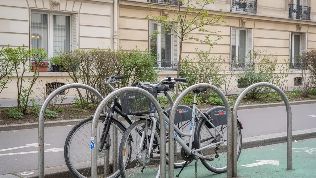Piste cyclable verte avec vélos de ville garés dans le 15ème arrondissement de Paris