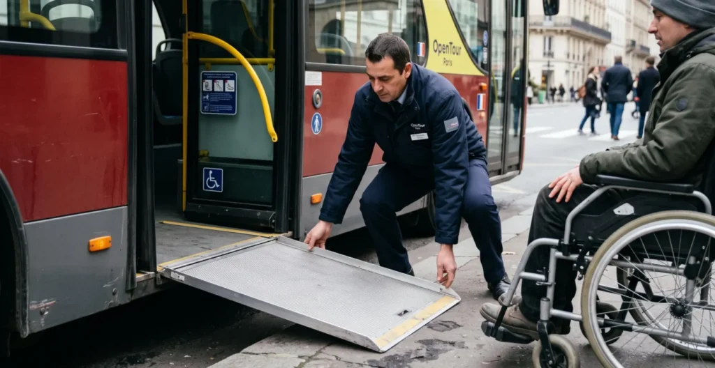 Rampe d'embarquement déployée à l'entrée d'un bus touristique, avec un conducteur et un passager en fauteuil roulant sur le trottoir. Rampe d'embarquement déployée à l'entrée d'un bus touristique, avec un conducteur et un passager en fauteuil roulant sur le trottoir.
