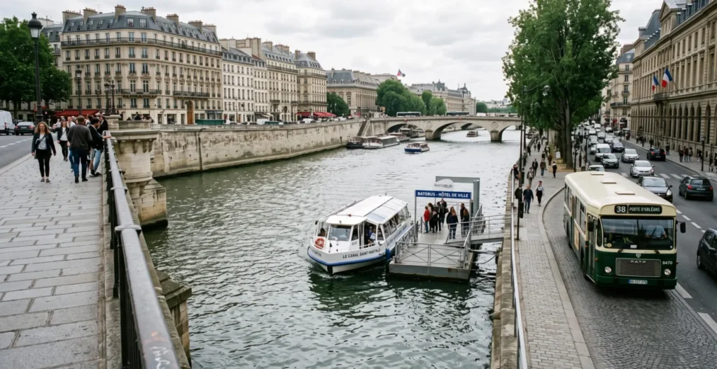Navette fluviale s'approchant d'un arrêt flottant sur la Seine tandis qu'un bus de ville circule sur le quai à Paris. Navette fluviale s'approchant d'un arrêt flottant sur la Seine tandis qu'un bus de ville circule sur le quai à Paris.