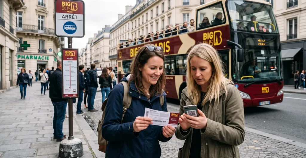 Deux touristes comparent leurs billets de bus touristique près d'un arrêt à impériale dans une rue parisienne. Deux touristes comparent leurs billets de bus touristique près d'un arrêt à impériale dans une rue parisienne.
